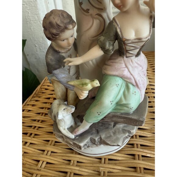 Vintage 50's Bisque Porcelain Figural Couple Candle Holder Lamp Base - Picture 4 of 11